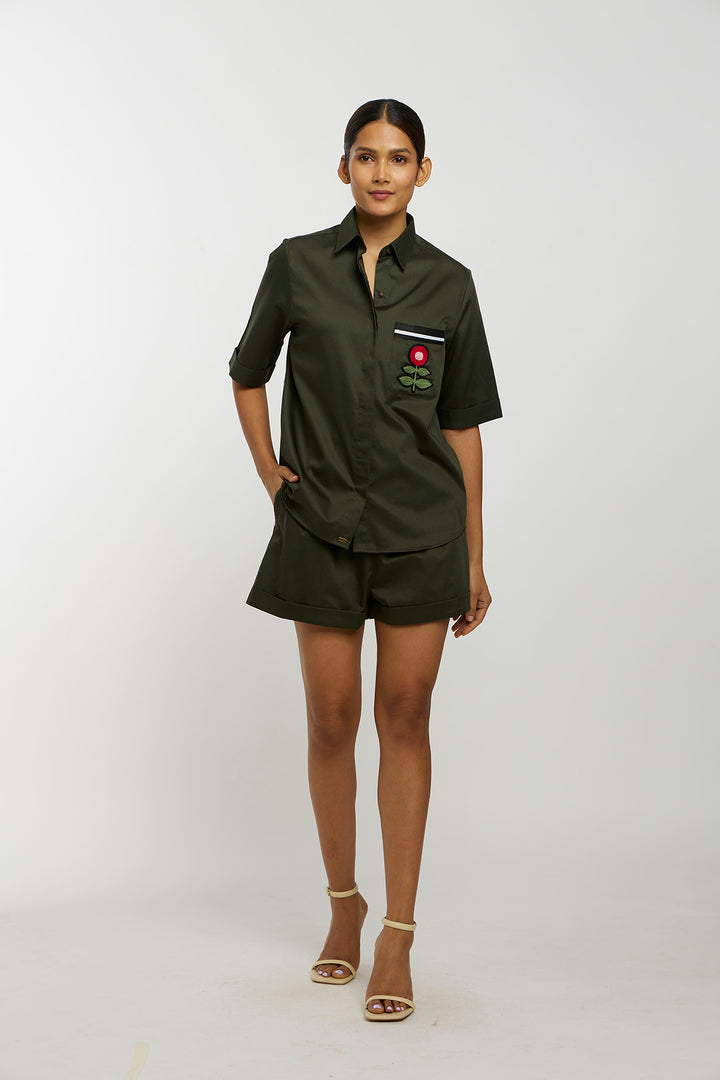 Olive Ribbon Cotton Satin Shorts