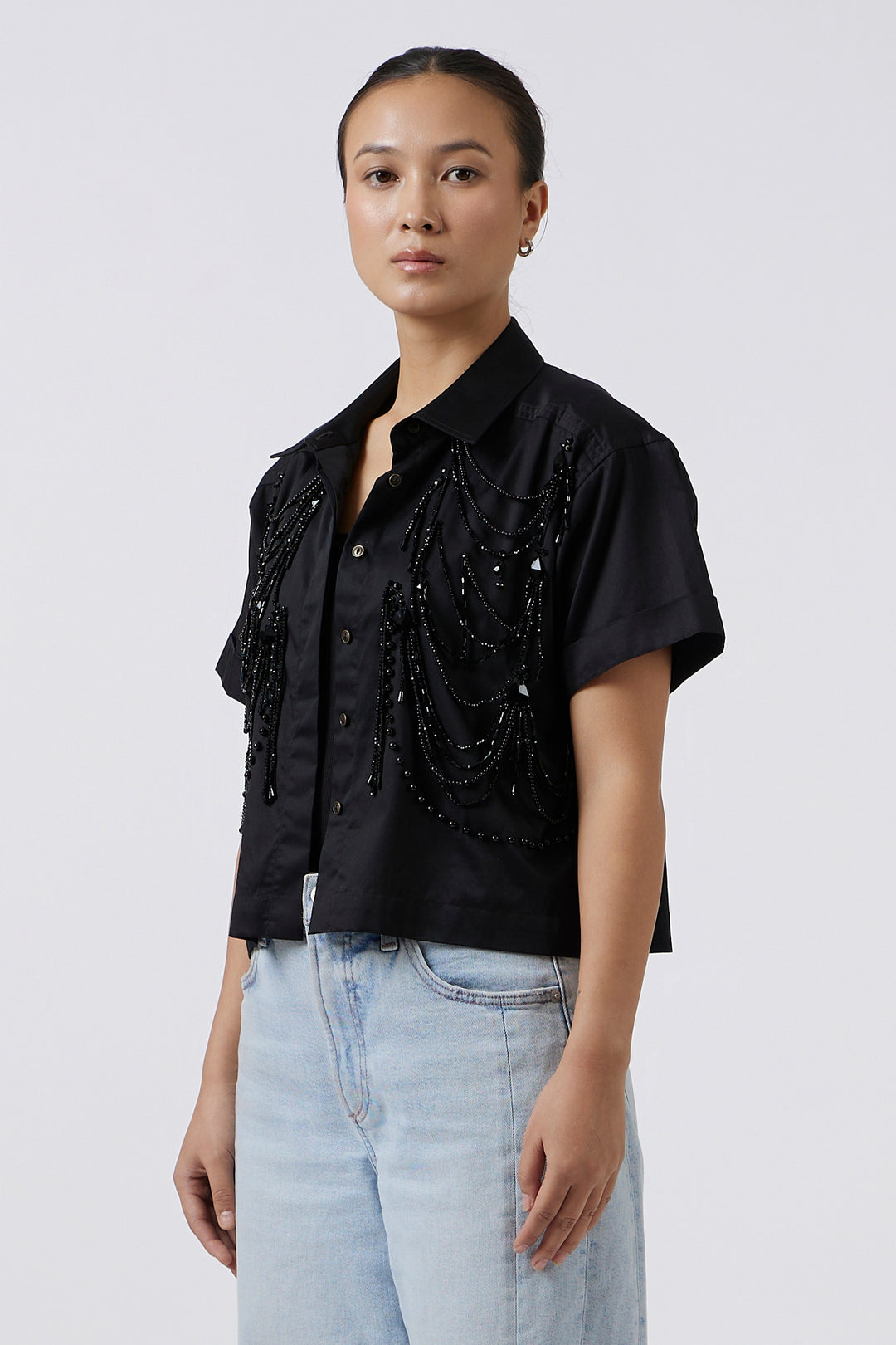 BLACK FRINGE CROP SHIRT