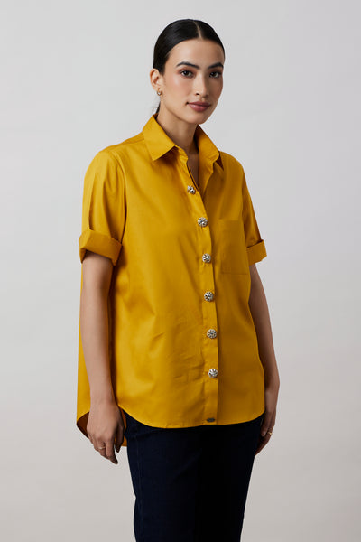 Mustard Swarovski Button Shirt
