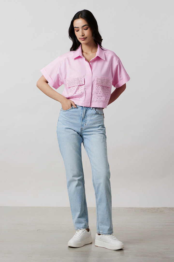 Pastel Pink Crop Shirt with Swarovski Studs