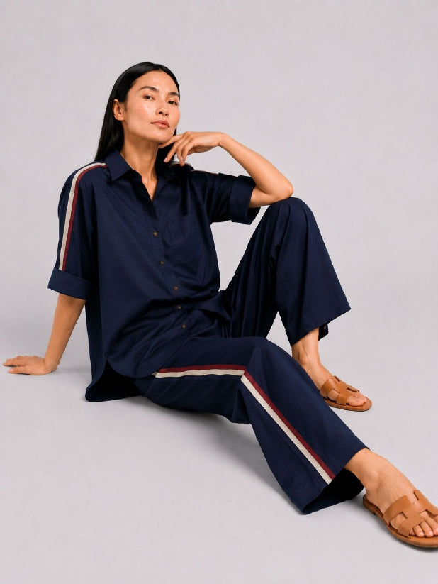 Navy-Blue Ribbon Pant Set