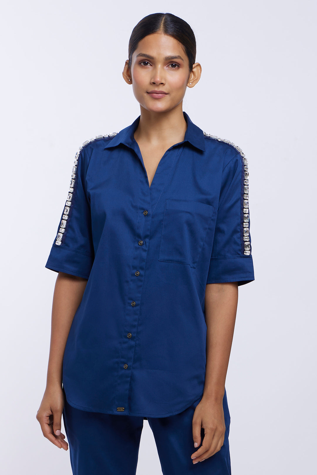 Mid Night Blue Rectangle Swarovski Ribbon Shirt