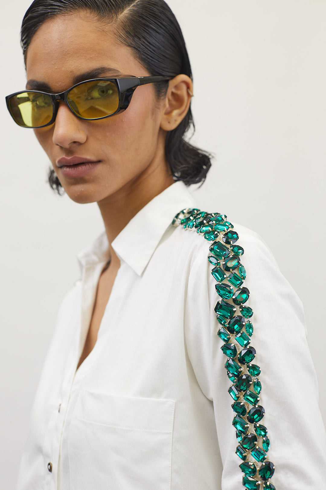 White Swarovski Emerald Ribbon Shirt