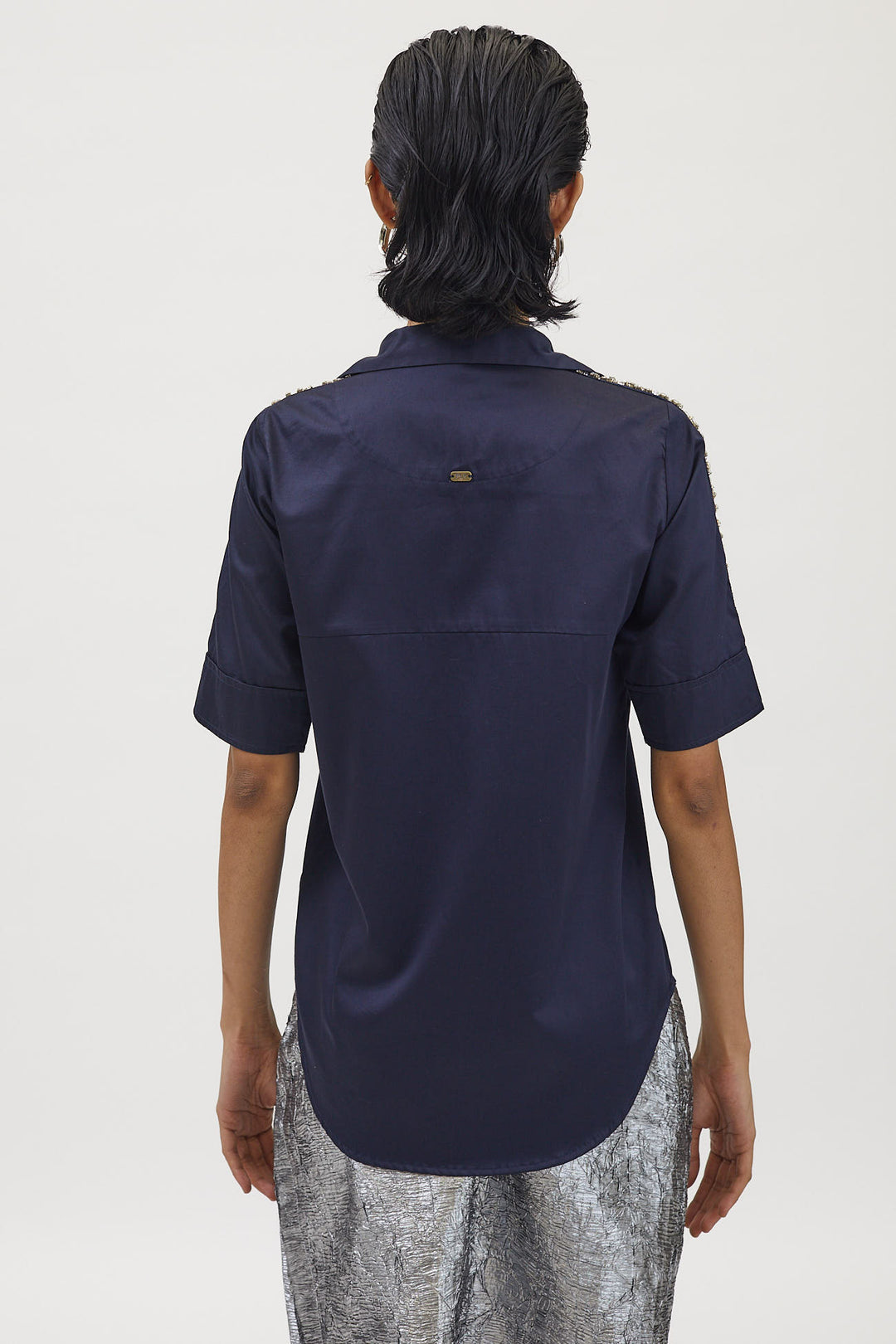 Navy Flower Crystal Ribbon Shirt