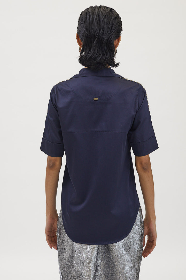 Navy Flower Crystal Ribbon Shirt