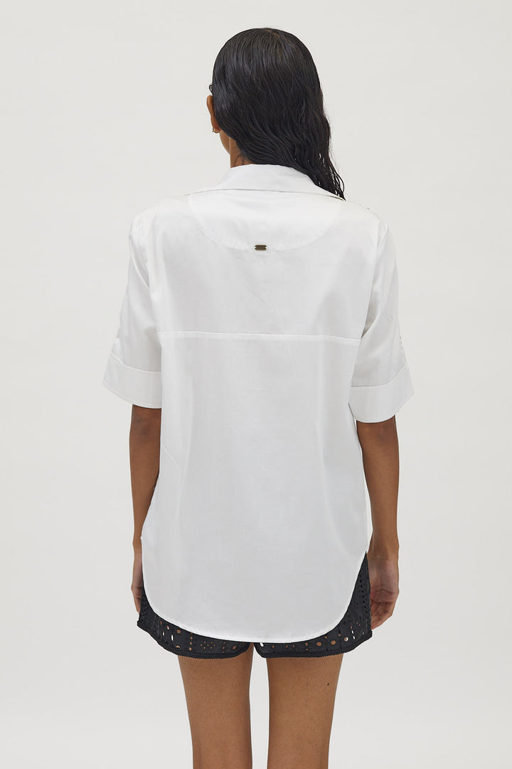 White Monochrome Flower Crystal Ribbon Shirt