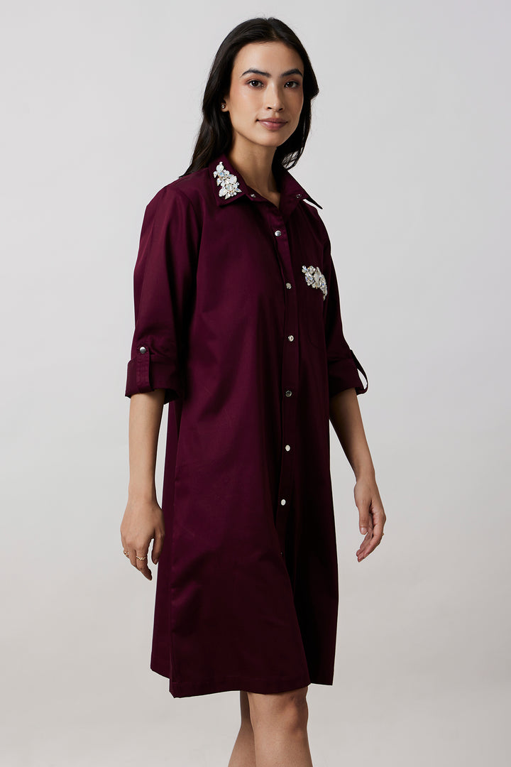 Burgundy Collar Pocket Swarovski Shirt Dress