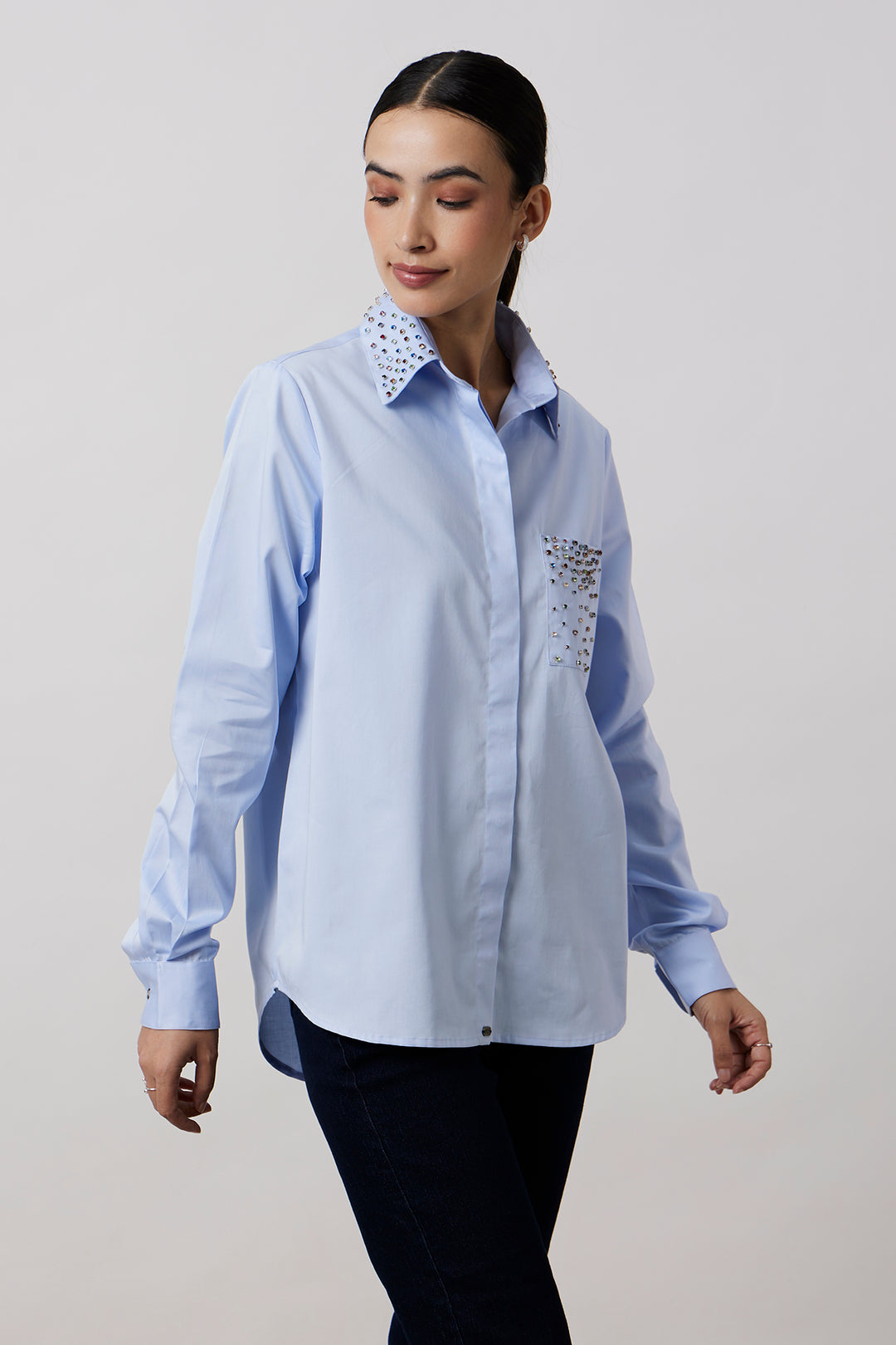 Sky Blue Multicolour Swarovski Studs Full Sleeve Shirt