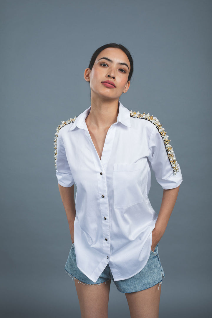 White Audrey Pearl Ribbon Shirt