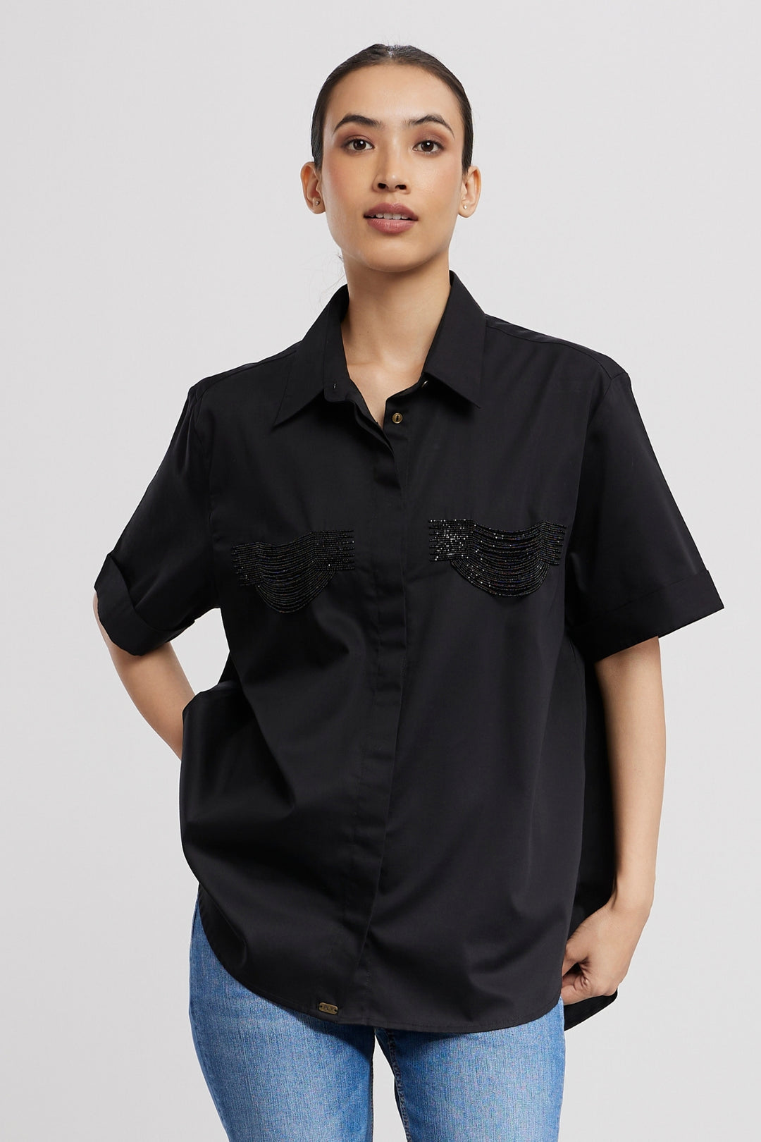 2 POCKET BLACK FRINGE SHIRT - PALLAVI SWADI  