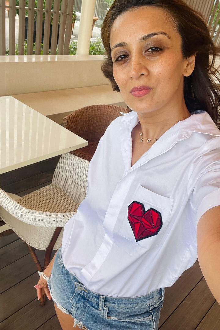 Red Geometric Heart White Shirt