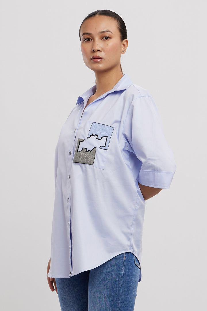 Sky Blue Puzzle Pop Embroidered Shirt - PALLAVI SWADI  