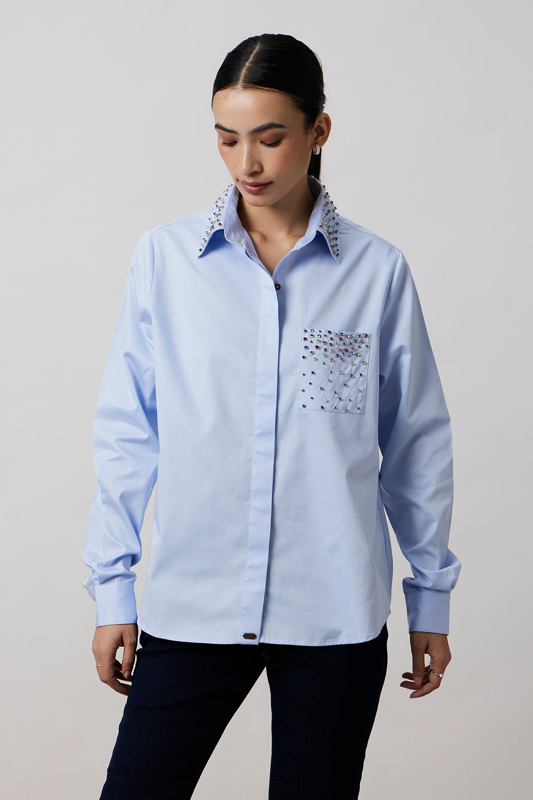 Sky Blue Multicolour Swarovski Studs Full Sleeve Shirt