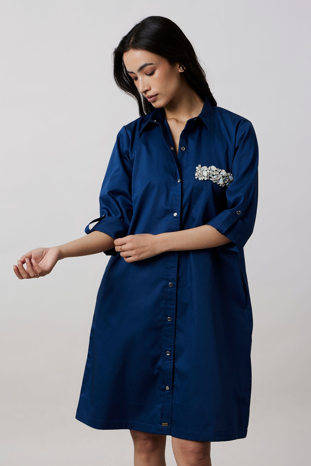 Midnight Blue Pocket Swarovski Shirt Dress