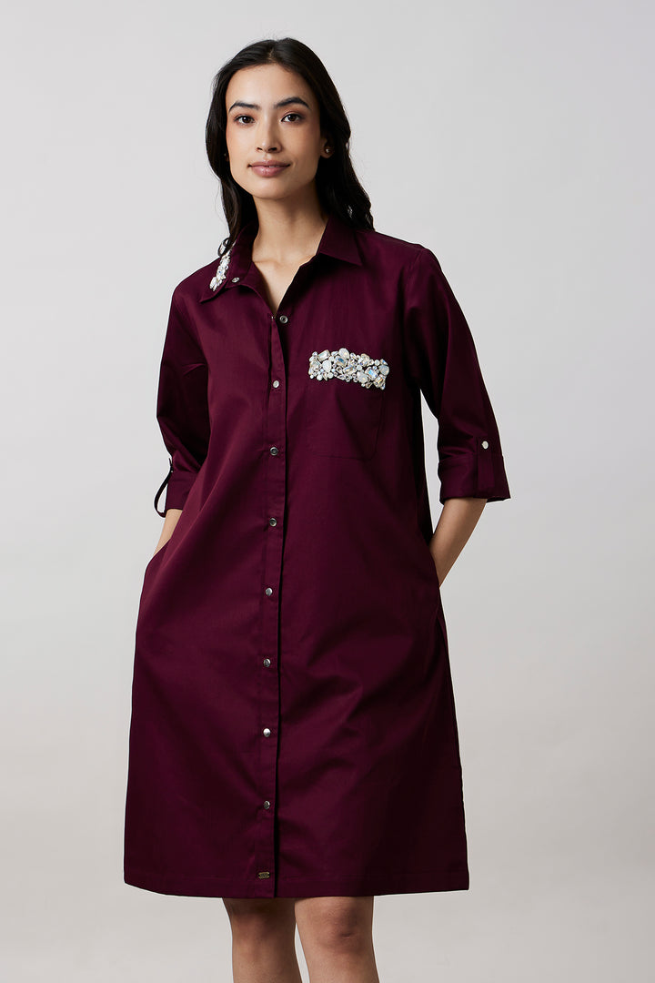 Burgundy Collar Pocket Swarovski Shirt Dress