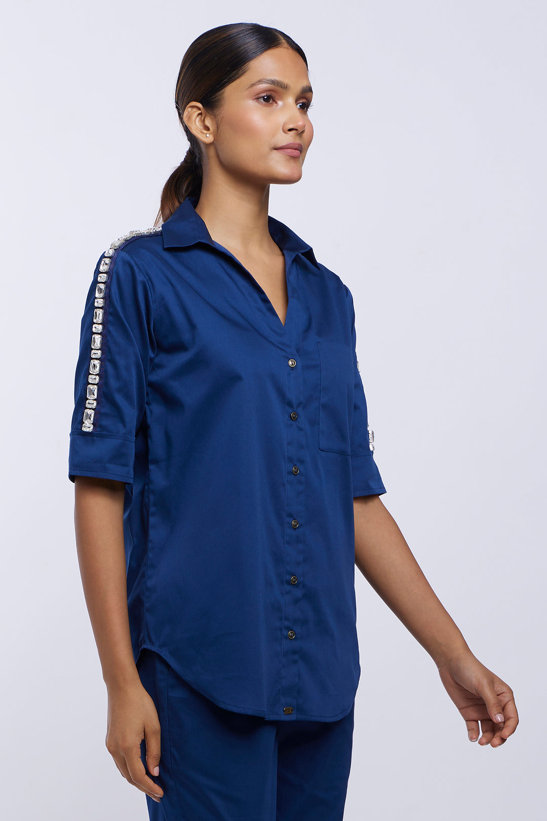 Mid Night Blue Rectangle Swarovski Ribbon Shirt