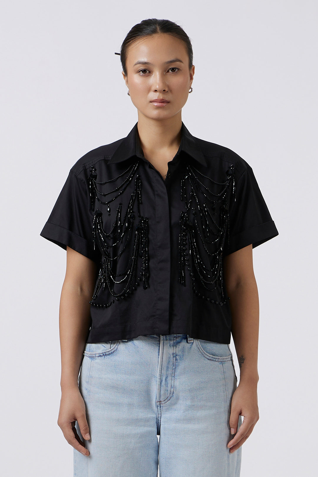 BLACK FRINGE CROP SHIRT