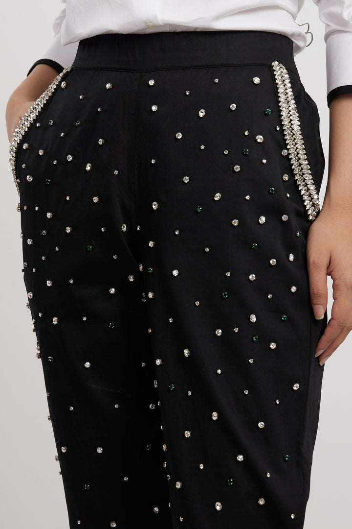 WHITE TUXEDO SMALL SWAROVSKI HEART SHIRT WITH SWAROVSKI PANTS - PALLAVI SWADI  