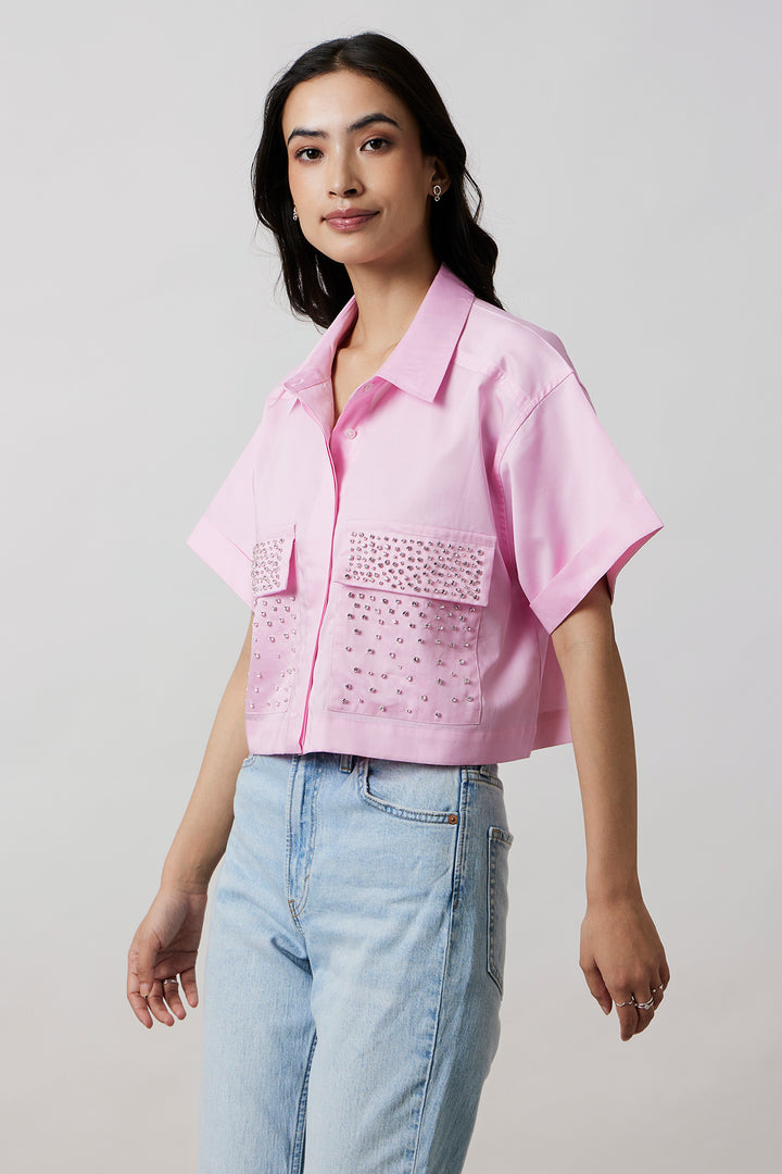 Pastel Pink Crop Shirt with Swarovski Studs