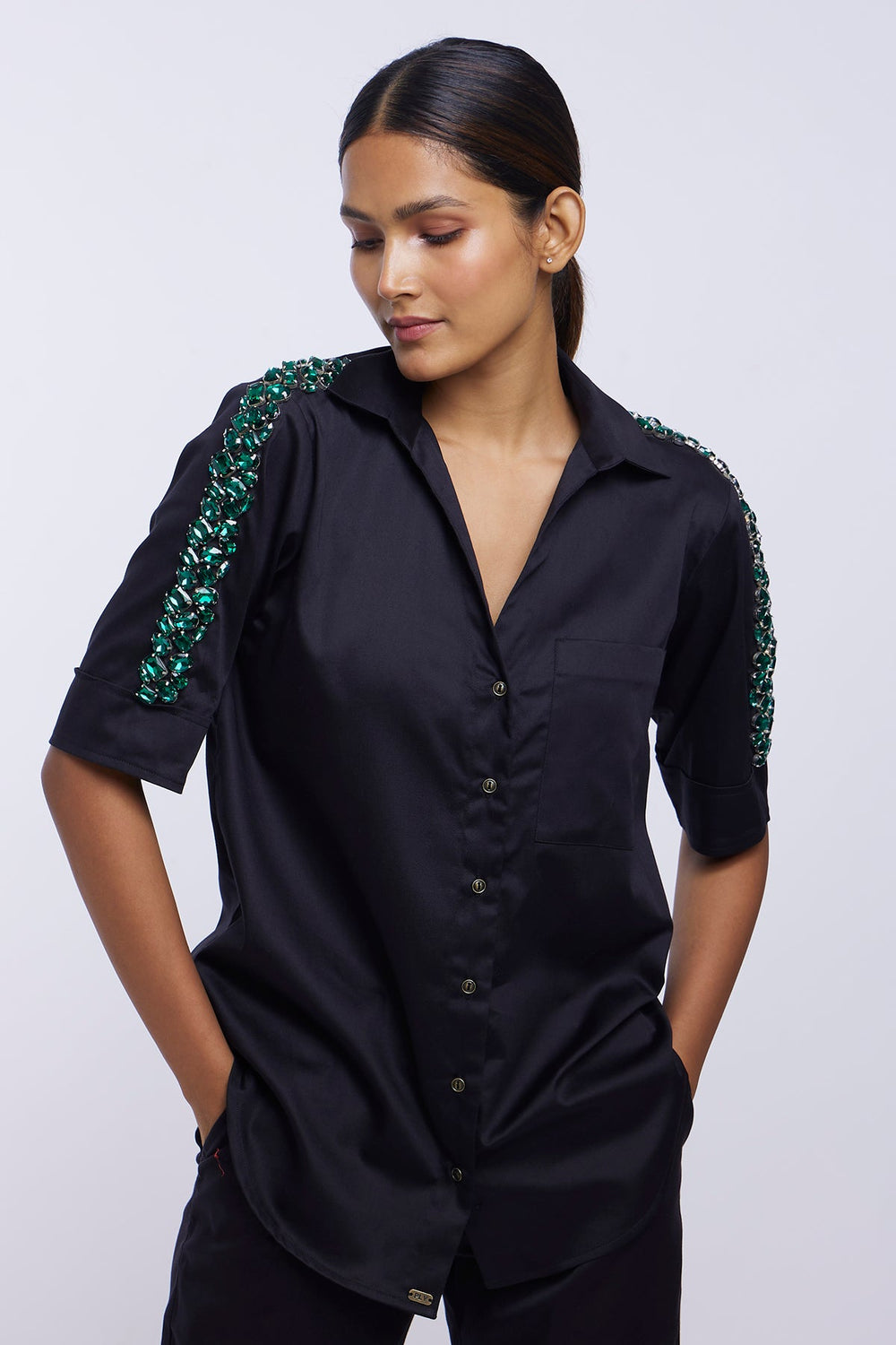 Black Emerald Swarovski Ribbon Shirt - PALLAVI SWADI  