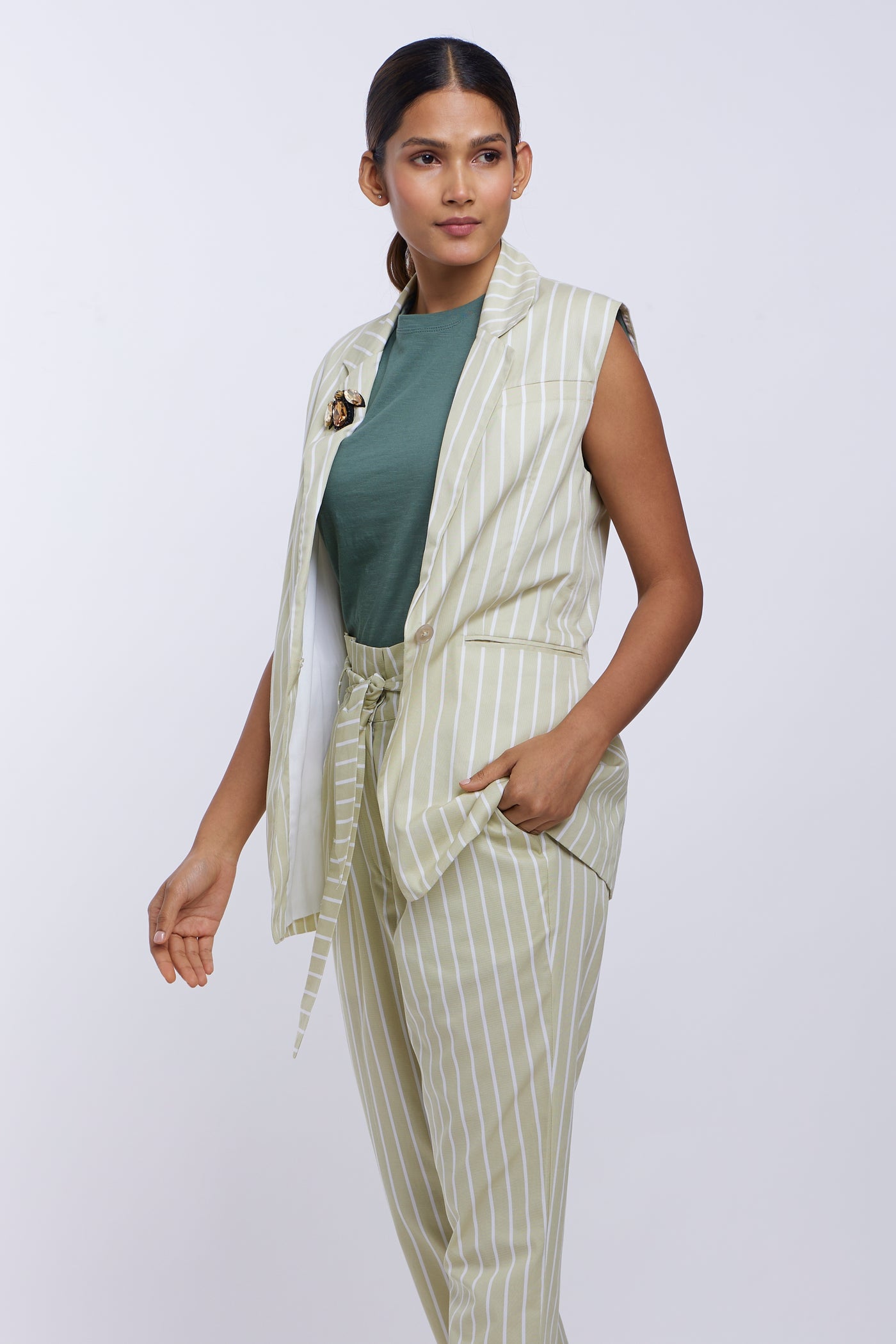 Green Stripe Blazer Set With Swarovski Beetle