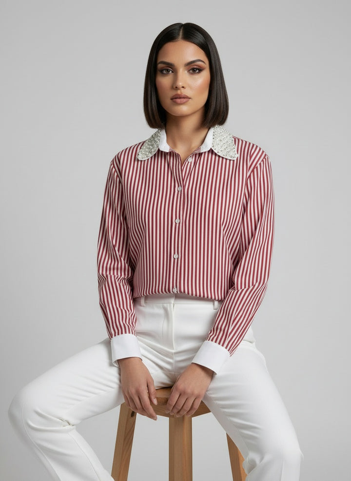Red Stripe Crystal Pearl Collar Shirt