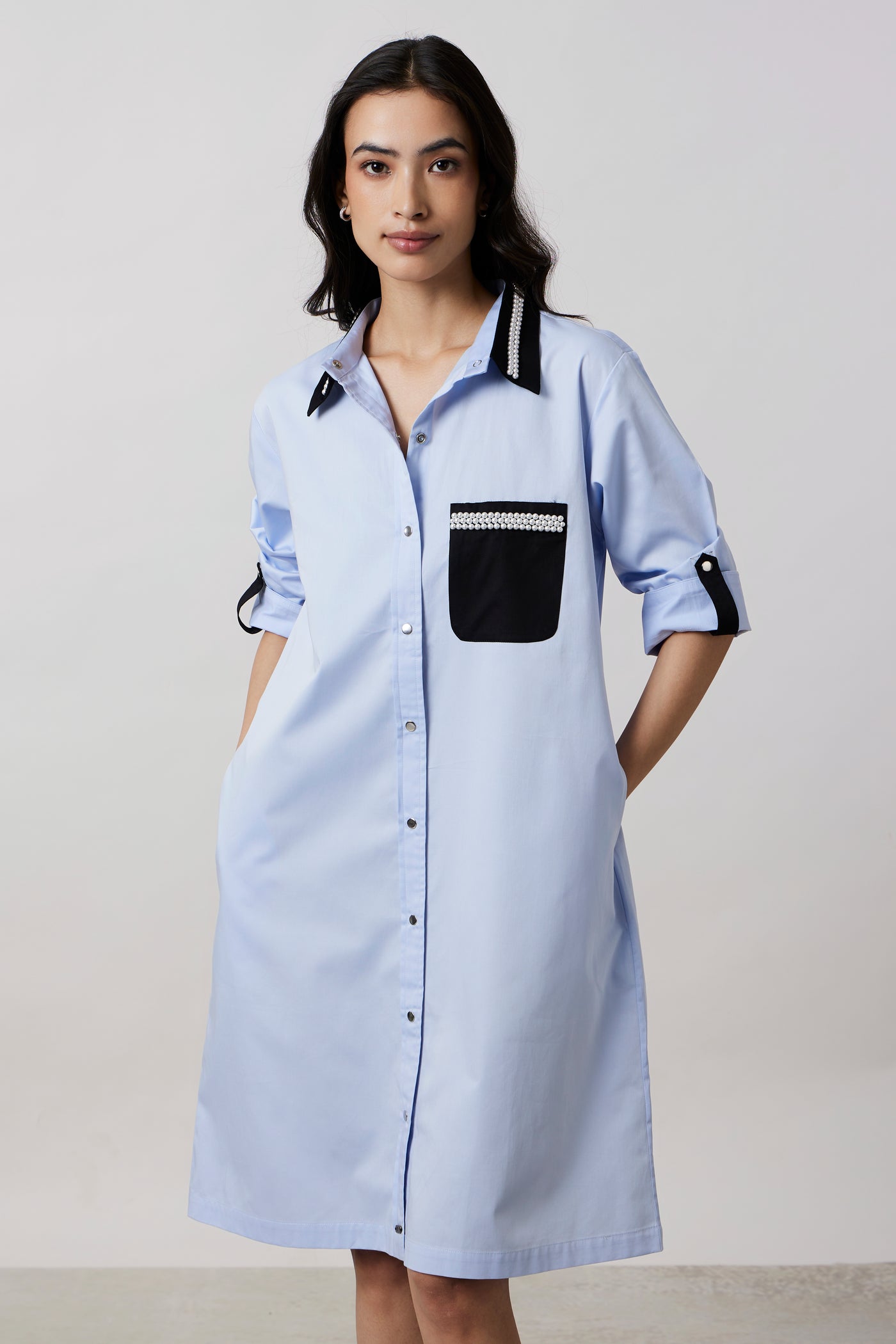 Skyblue Pearl Collar Pocket Shirt Dress