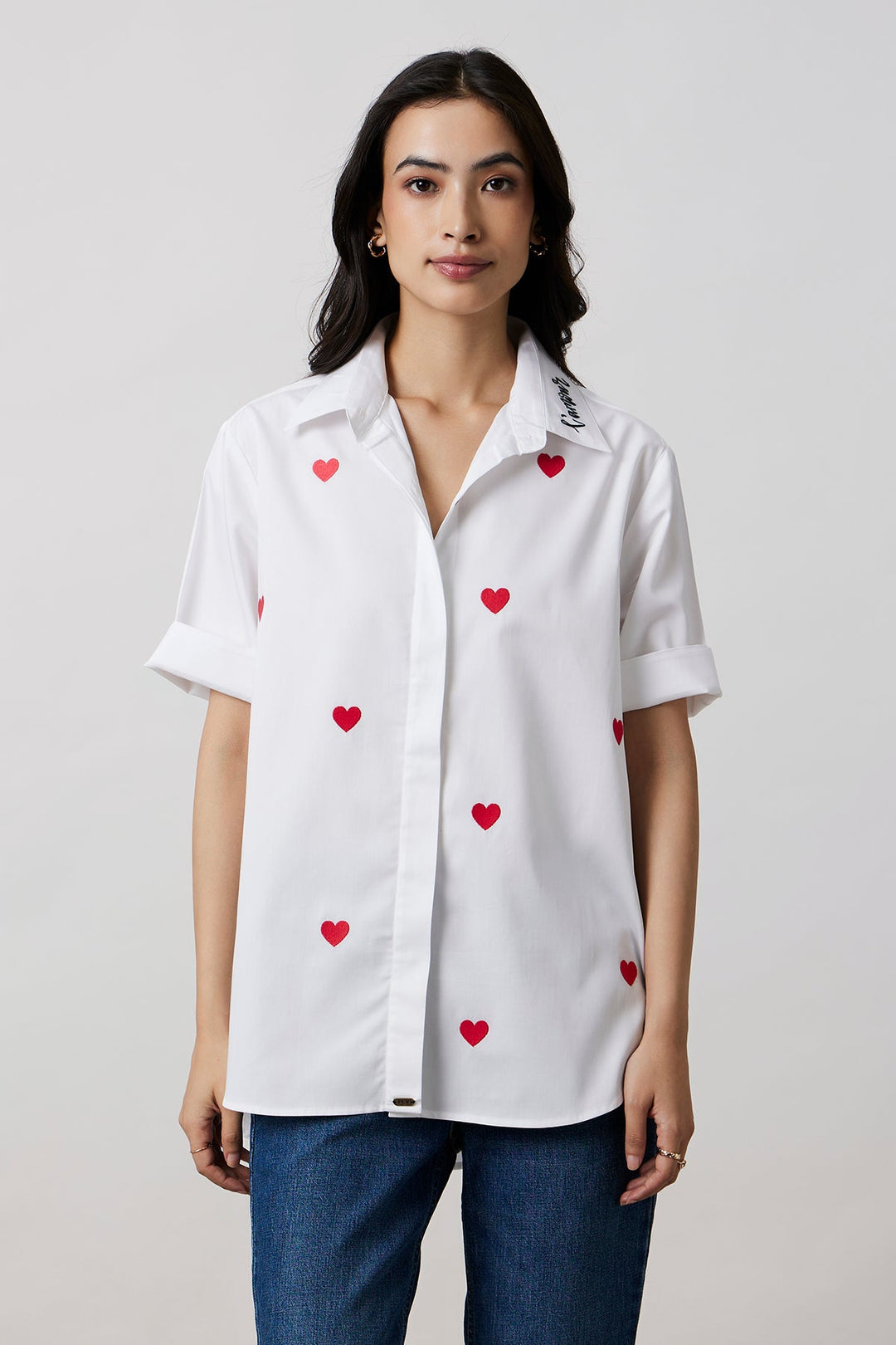 White Red Heart Embroidered Shirt