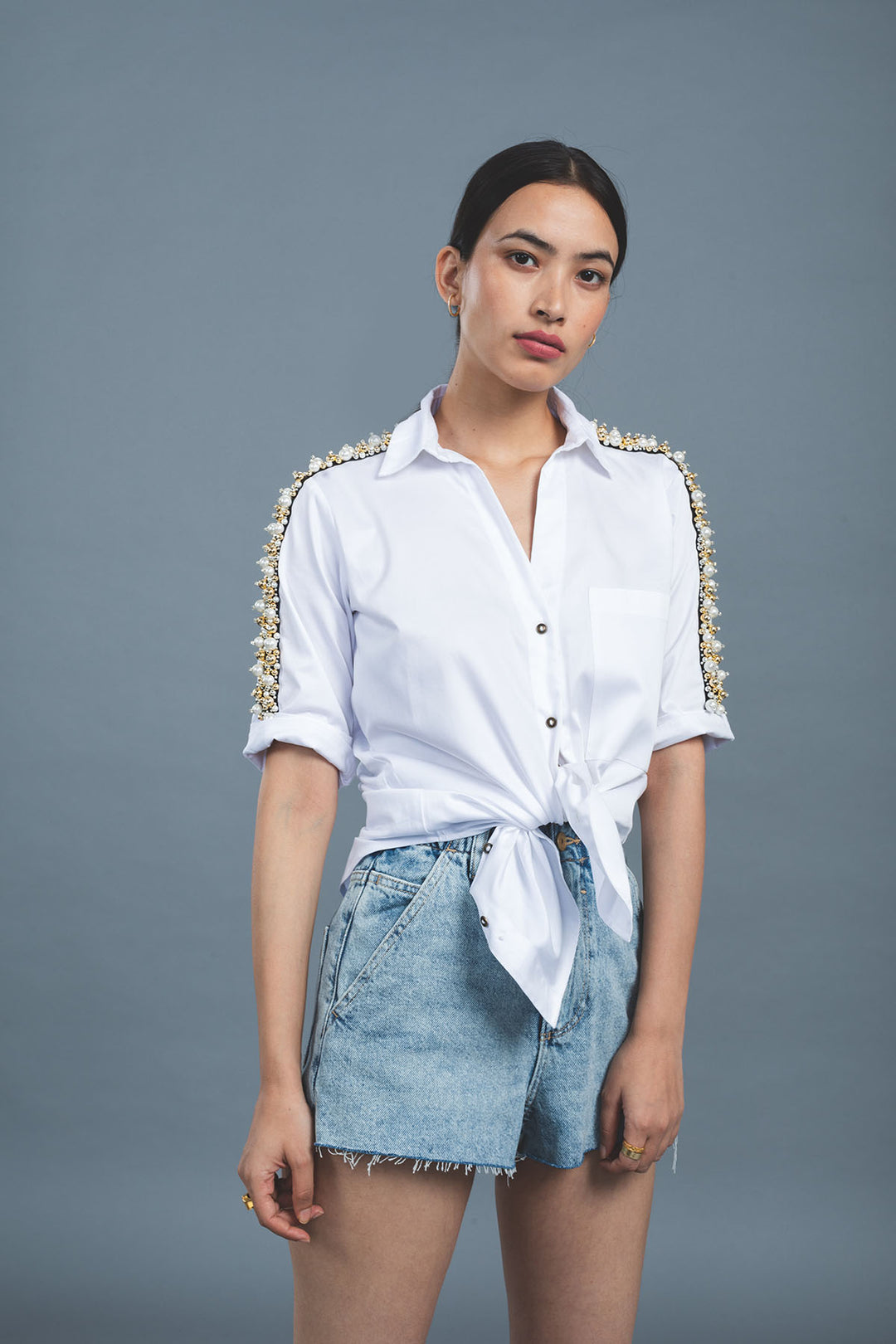 White Audrey Pearl Ribbon Shirt