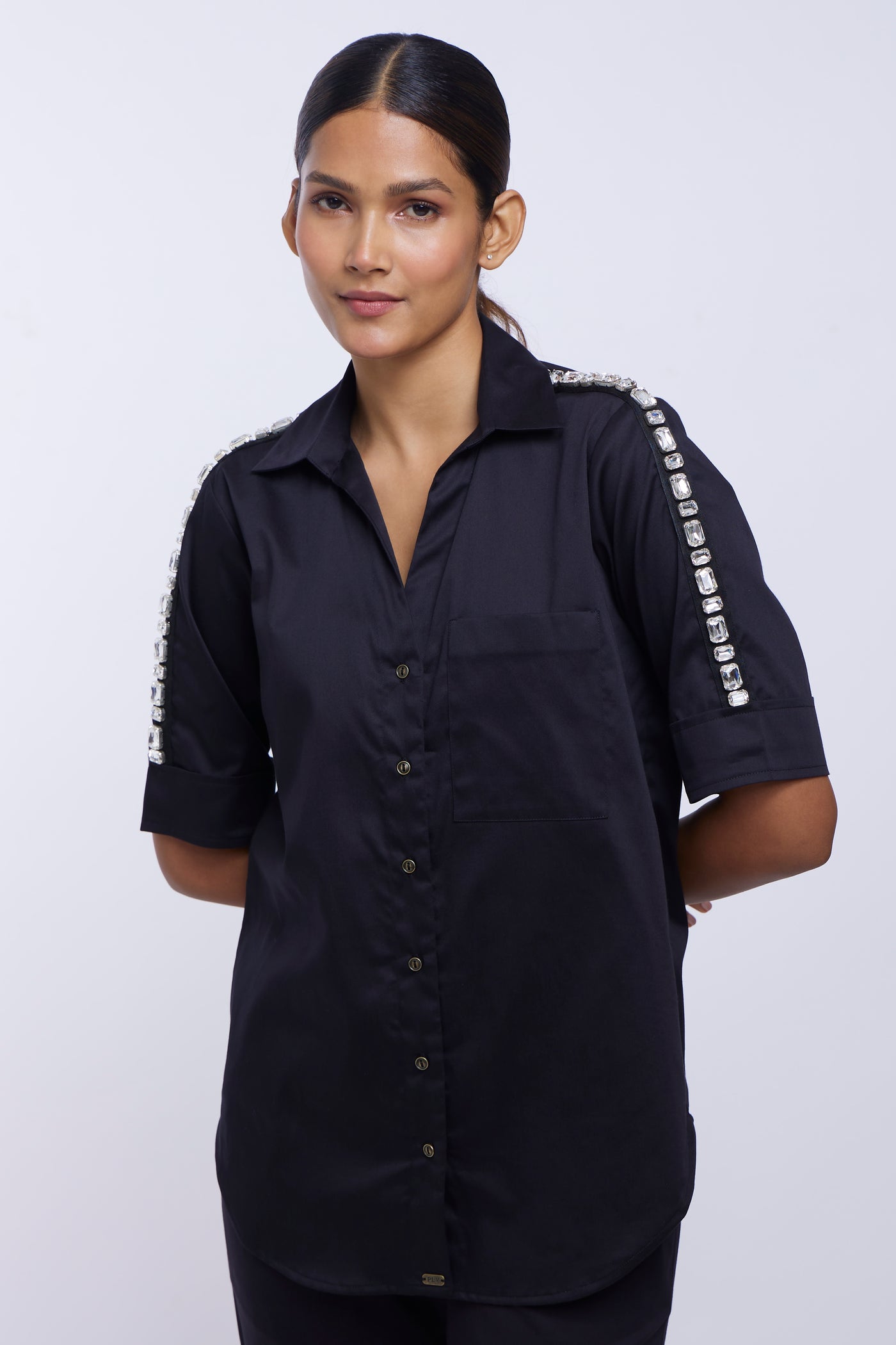 Black Rectangle Swarovski Ribbon Shirt