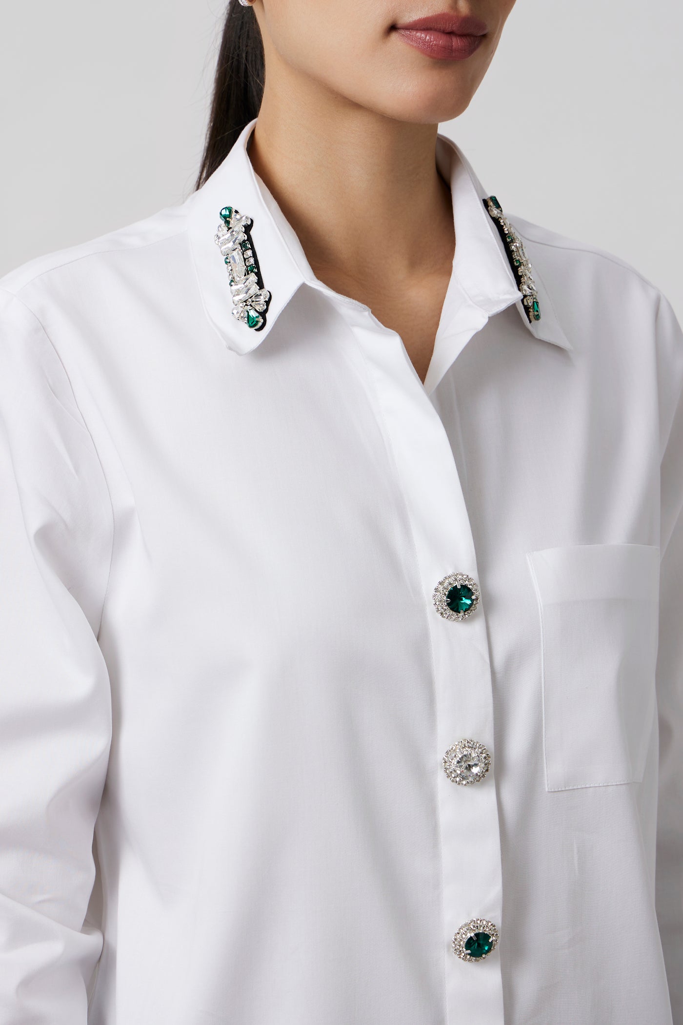 White Emerald Swarovski Button Shirt