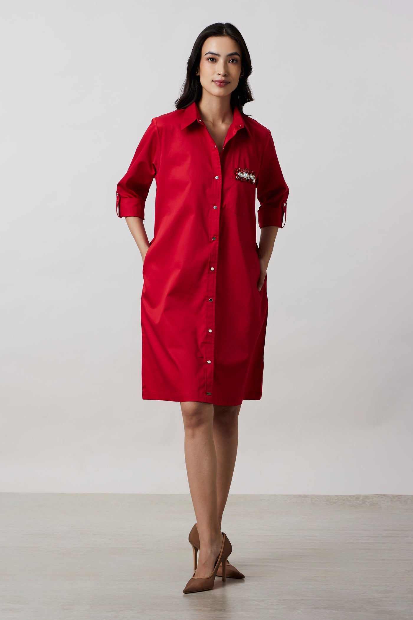 Red Pocket Swarovski Shirt Dress