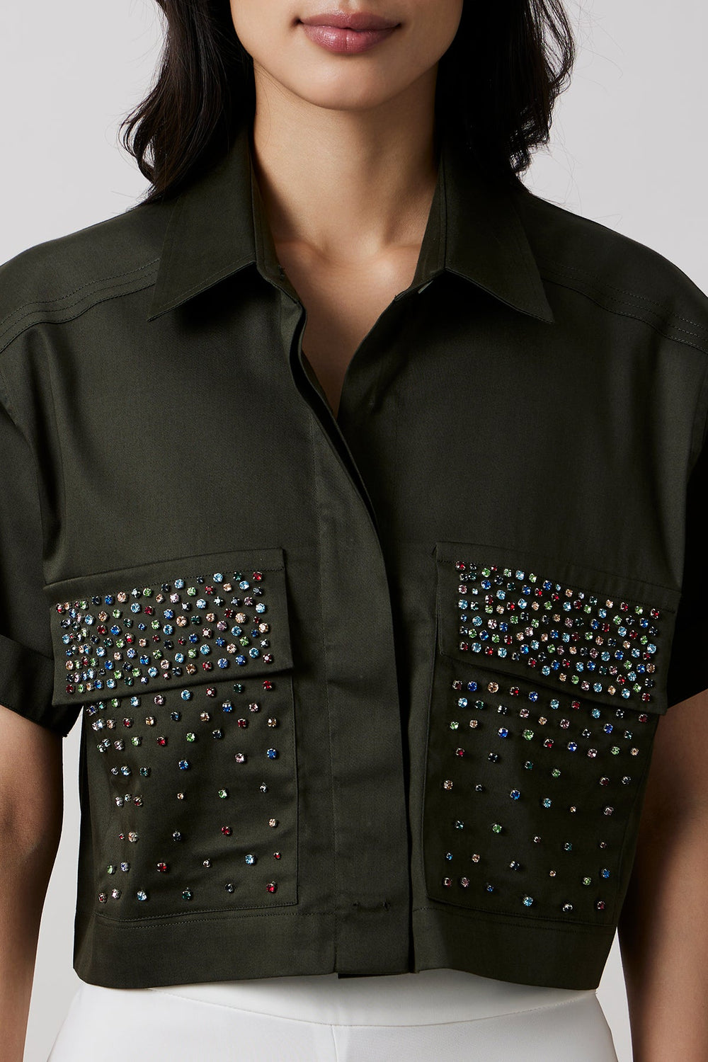 Olive Crop Shirt with Multicolour Crystal Studs - PALLAVI SWADI  