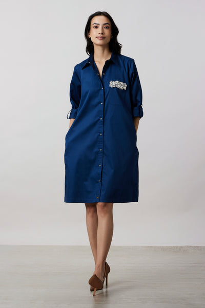 Midnight Blue Pocket Swarovski Shirt Dress