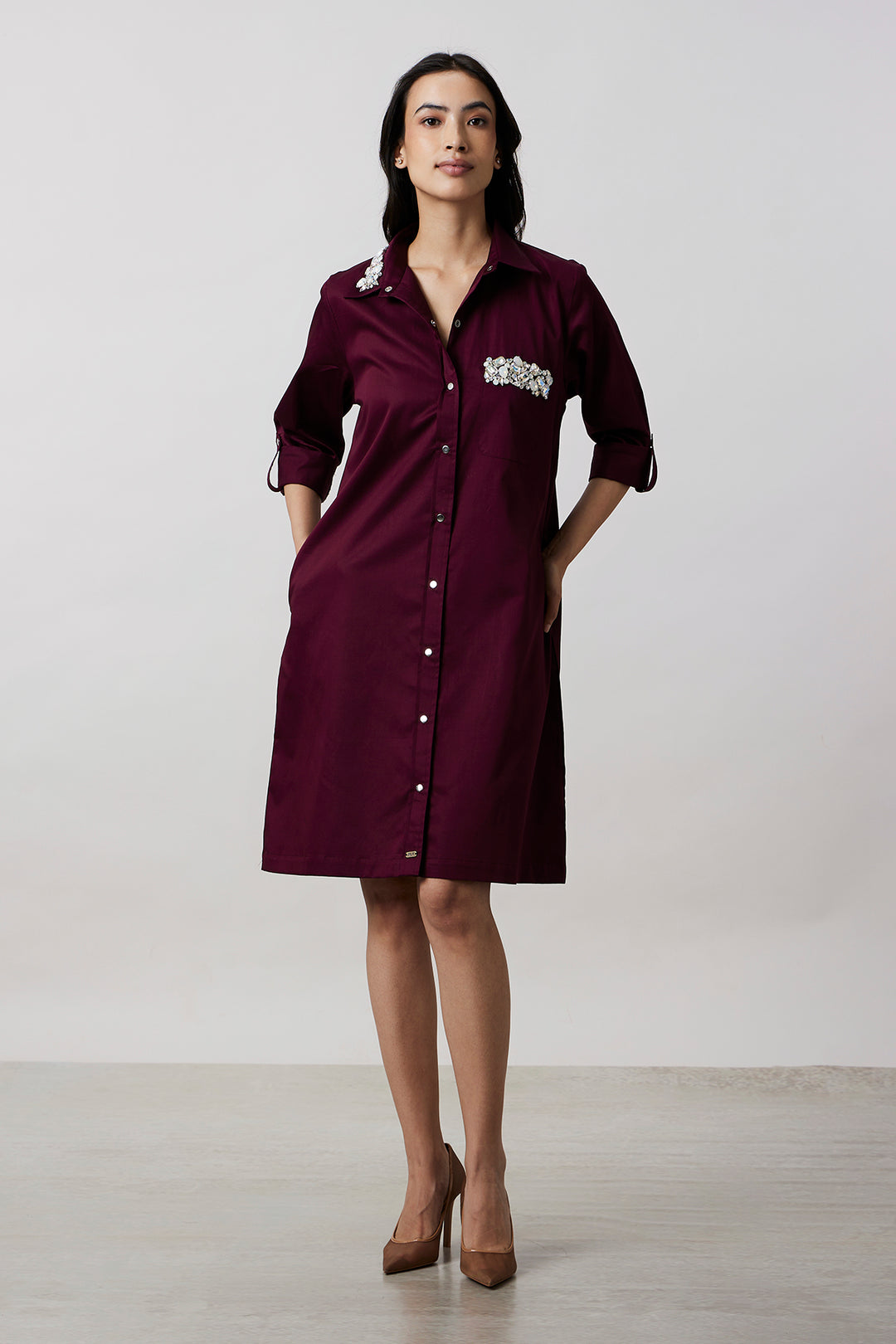 Burgundy Collar Pocket Swarovski Shirt Dress