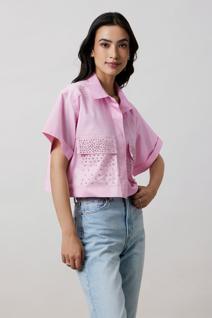 Pastel Pink Crop Shirt with Swarovski Studs