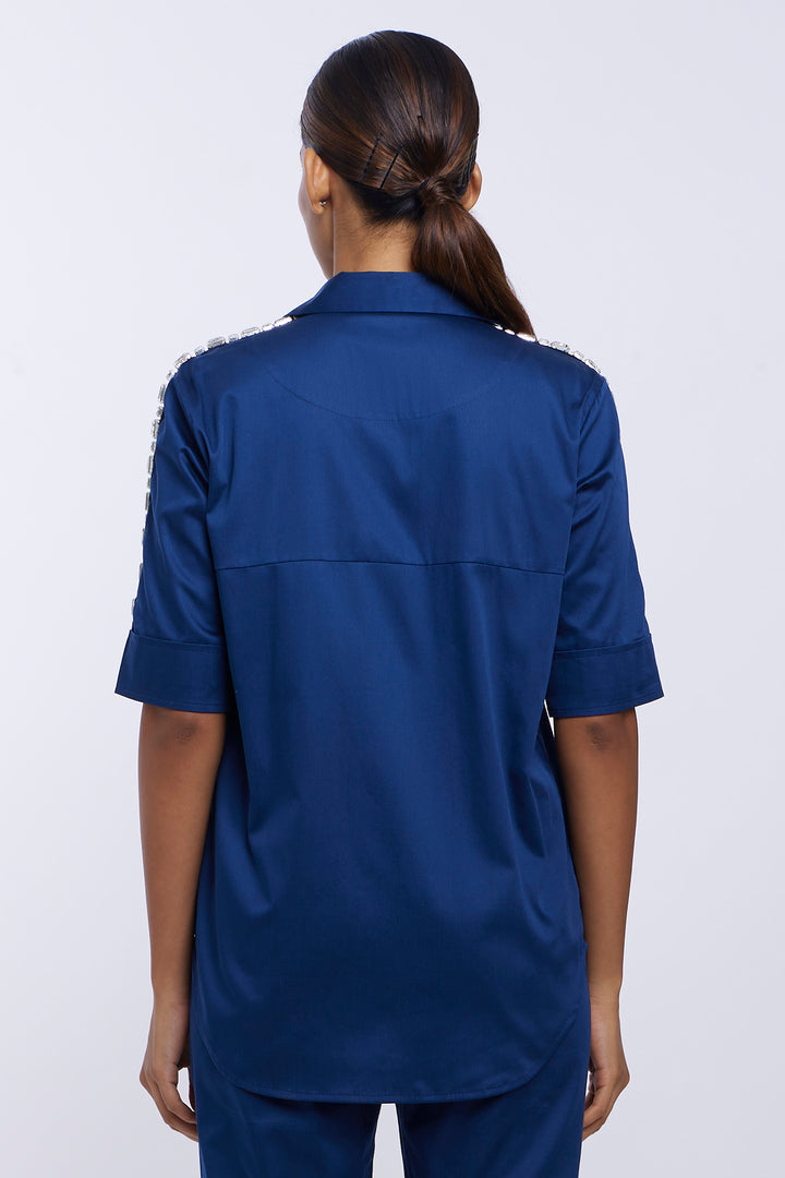 Mid Night Blue Rectangle Swarovski Ribbon Shirt