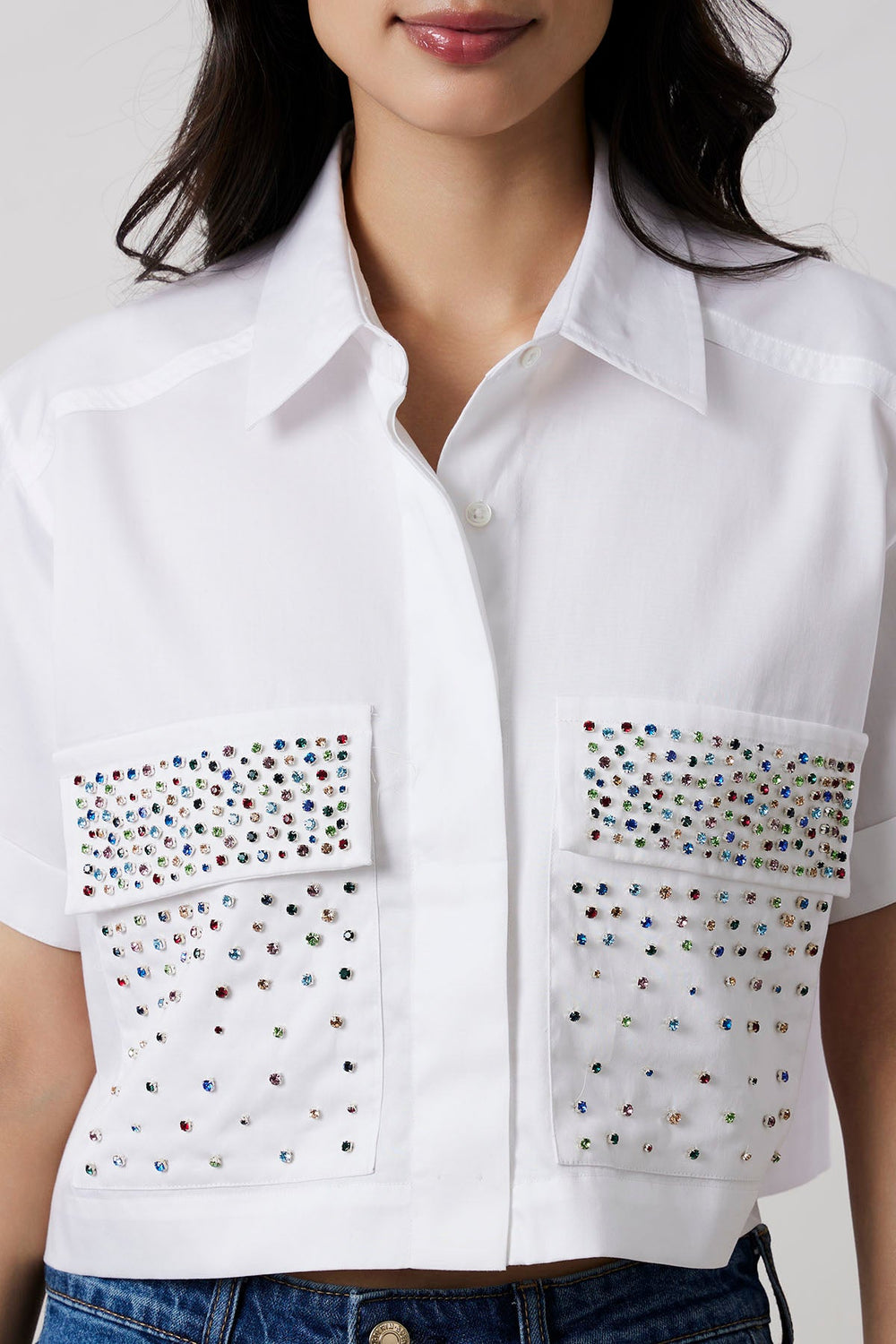 White Crop Shirt with Multicolour Crystal Studs - PALLAVI SWADI  