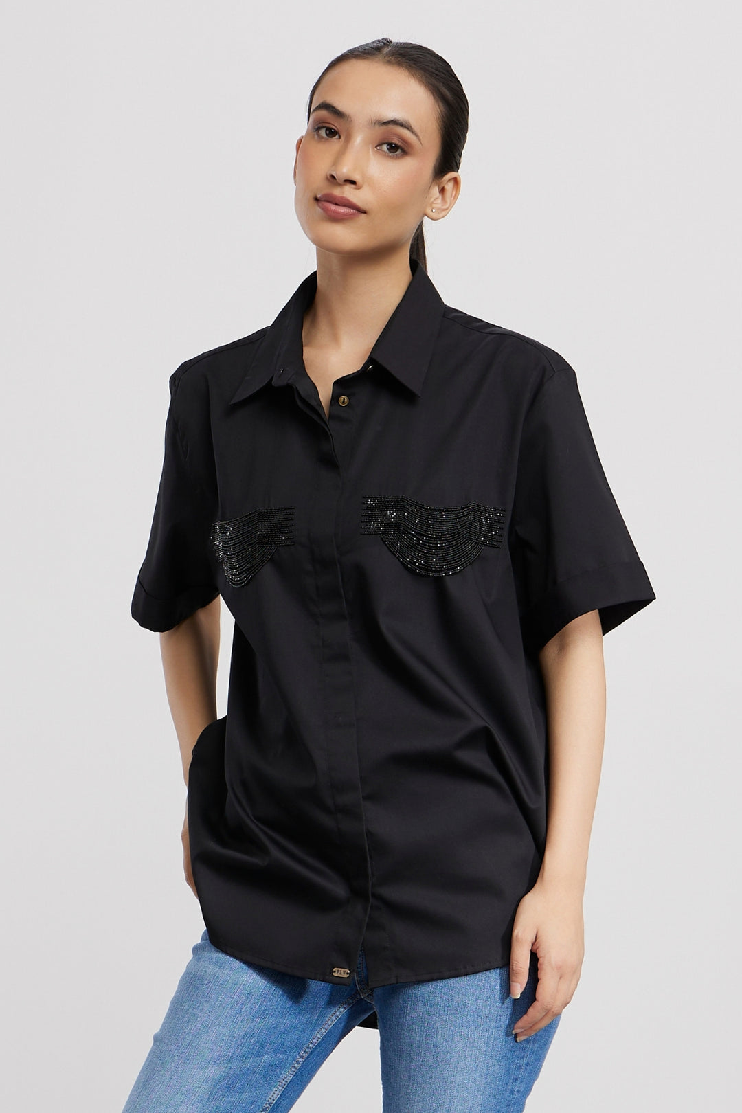 2 POCKET BLACK FRINGE SHIRT - PALLAVI SWADI  