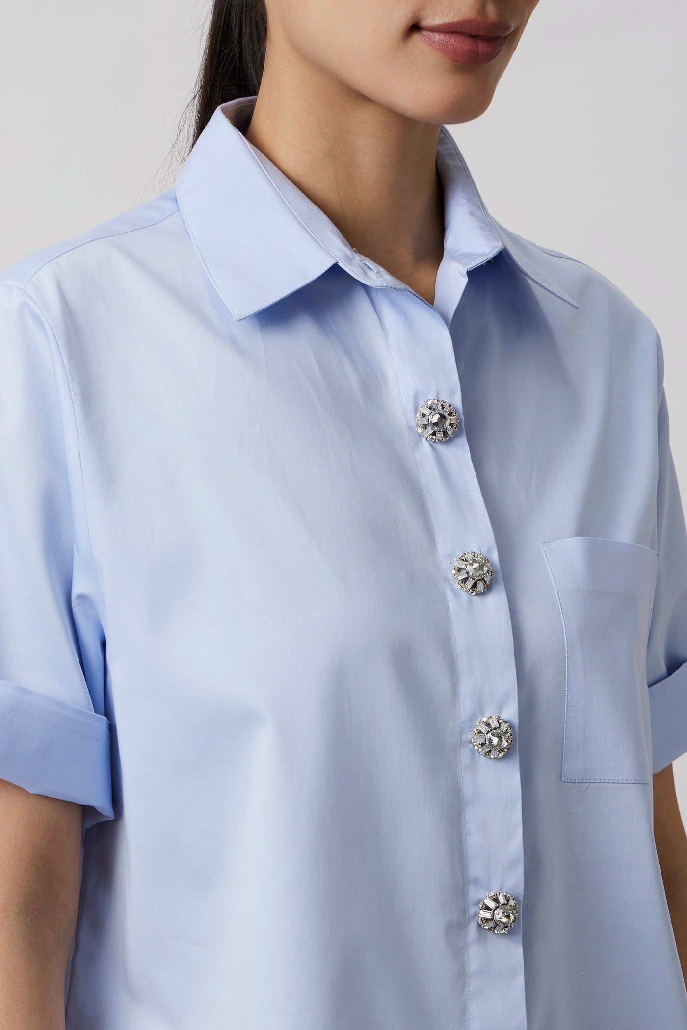 Sky Blue Swarovski Button Shirt
