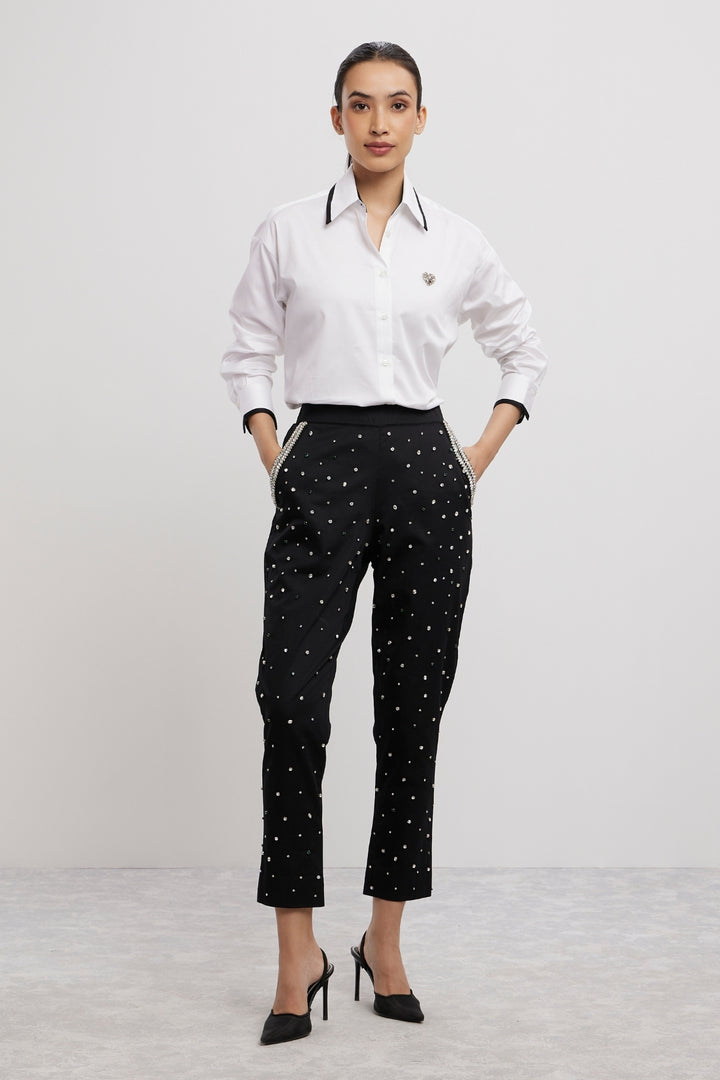 WHITE TUXEDO SMALL SWAROVSKI HEART SHIRT WITH SWAROVSKI PANTS - PALLAVI SWADI  