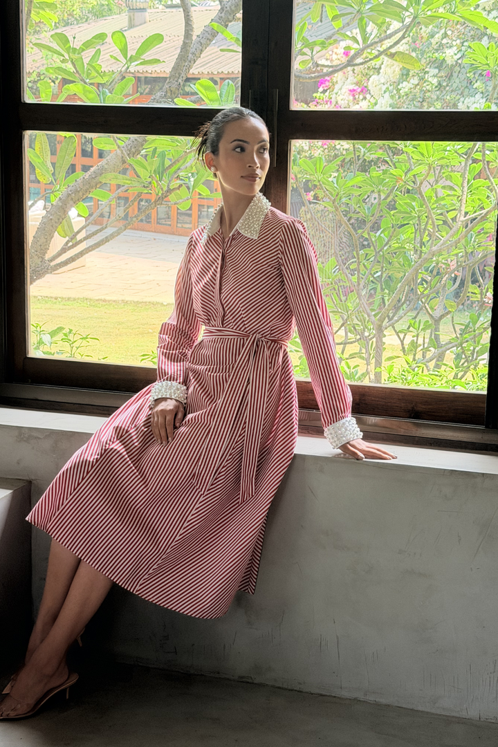 Red Stripe Embellished Collar Cuff Dress