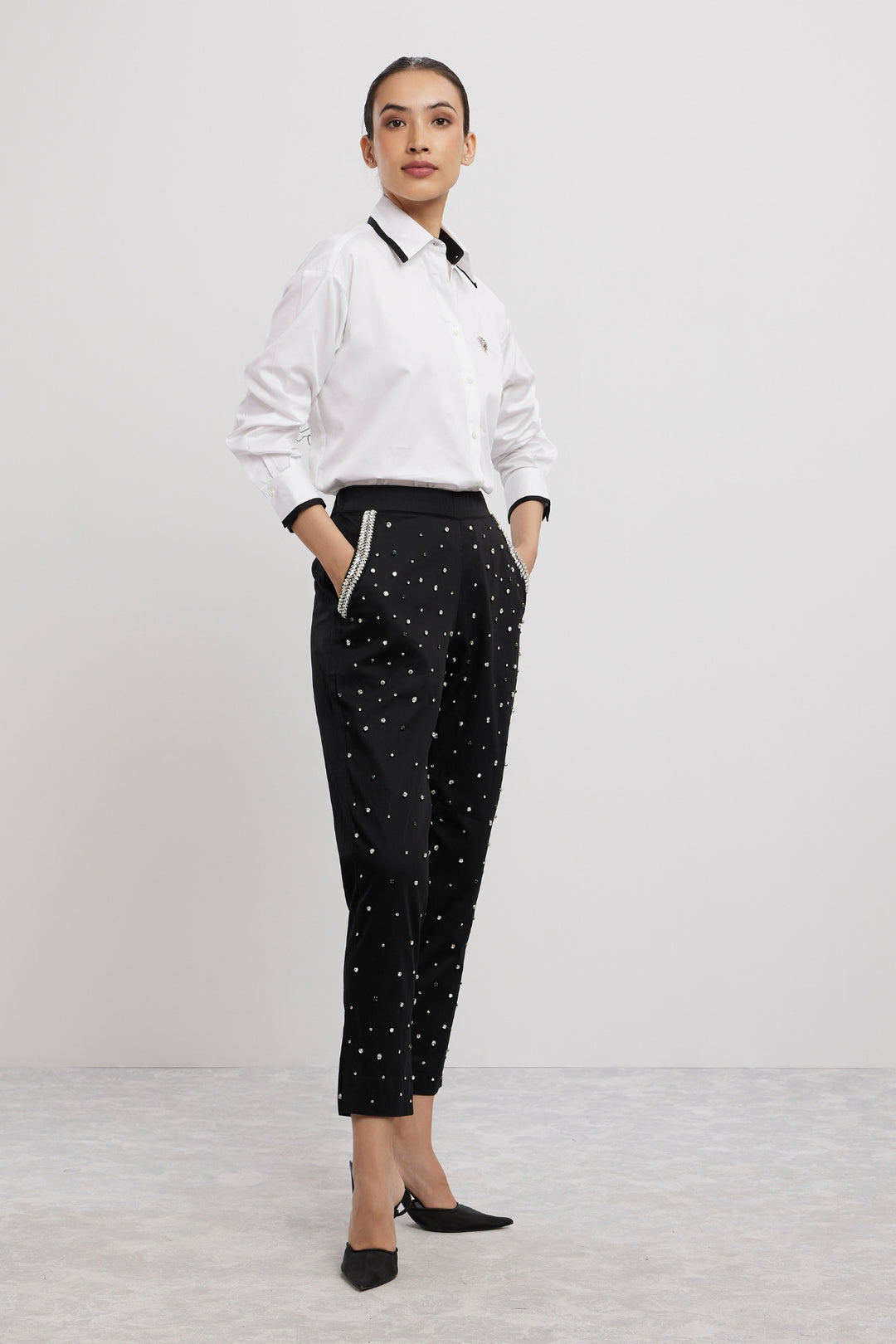 WHITE TUXEDO SMALL SWAROVSKI HEART SHIRT WITH SWAROVSKI PANTS - PALLAVI SWADI  