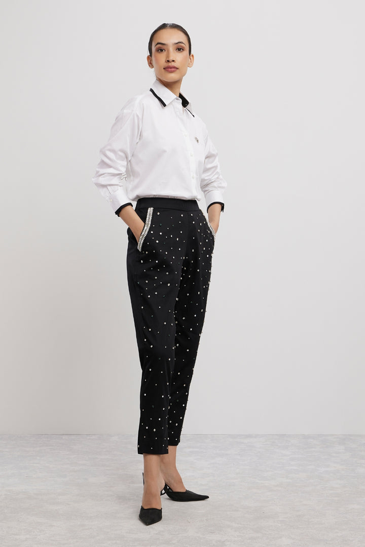 WHITE TUXEDO SMALL SWAROVSKI HEART SHIRT WITH SWAROVSKI PANTS - PALLAVI SWADI  