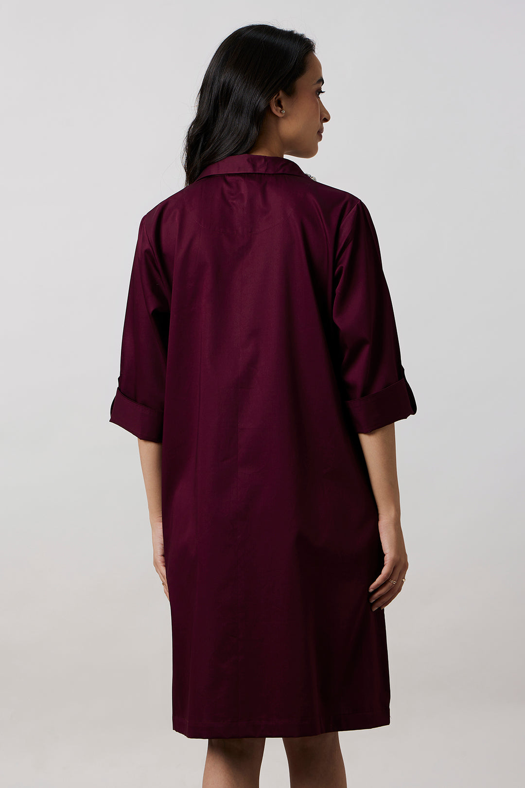 Burgundy Collar Pocket Swarovski Shirt Dress