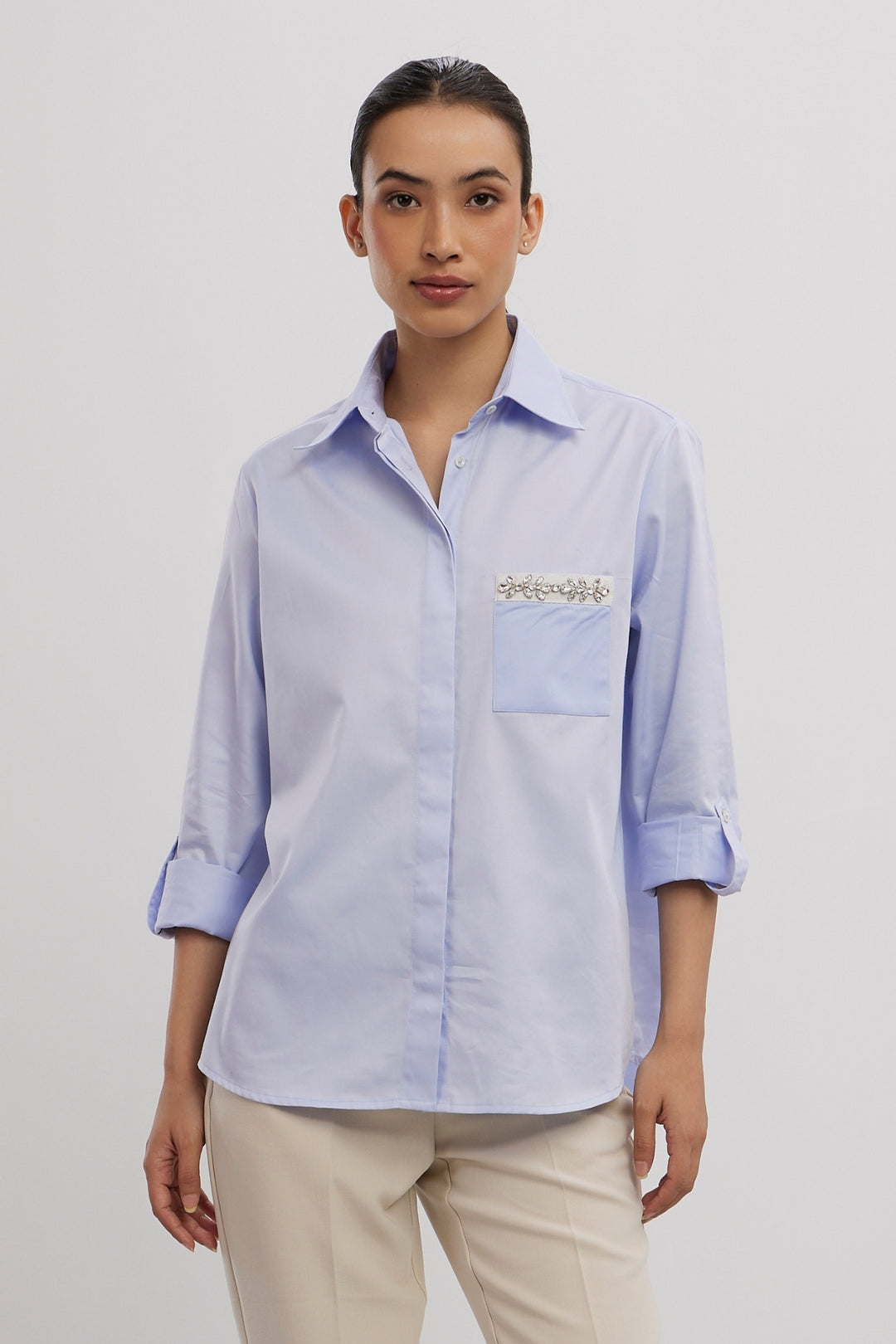 SKY BLUE SWAROVSKI FLOWER STRIP SHIRT - PALLAVI SWADI  