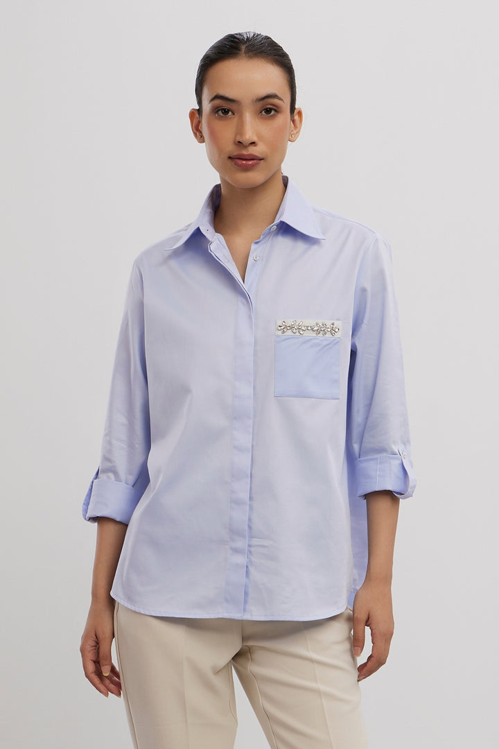 SKY BLUE SWAROVSKI FLOWER STRIP SHIRT - PALLAVI SWADI  