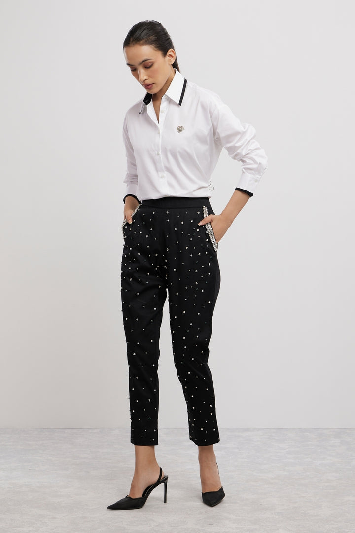 WHITE TUXEDO SMALL SWAROVSKI HEART SHIRT WITH SWAROVSKI PANTS - PALLAVI SWADI  