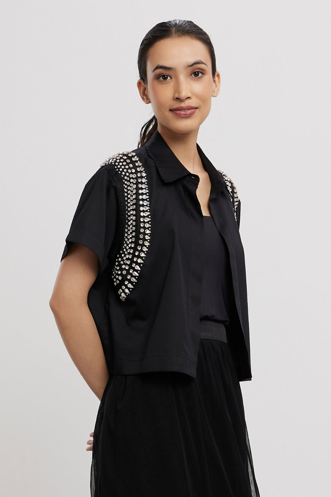 BLACK SWAROVSKI CROP JACKET - PALLAVI SWADI  