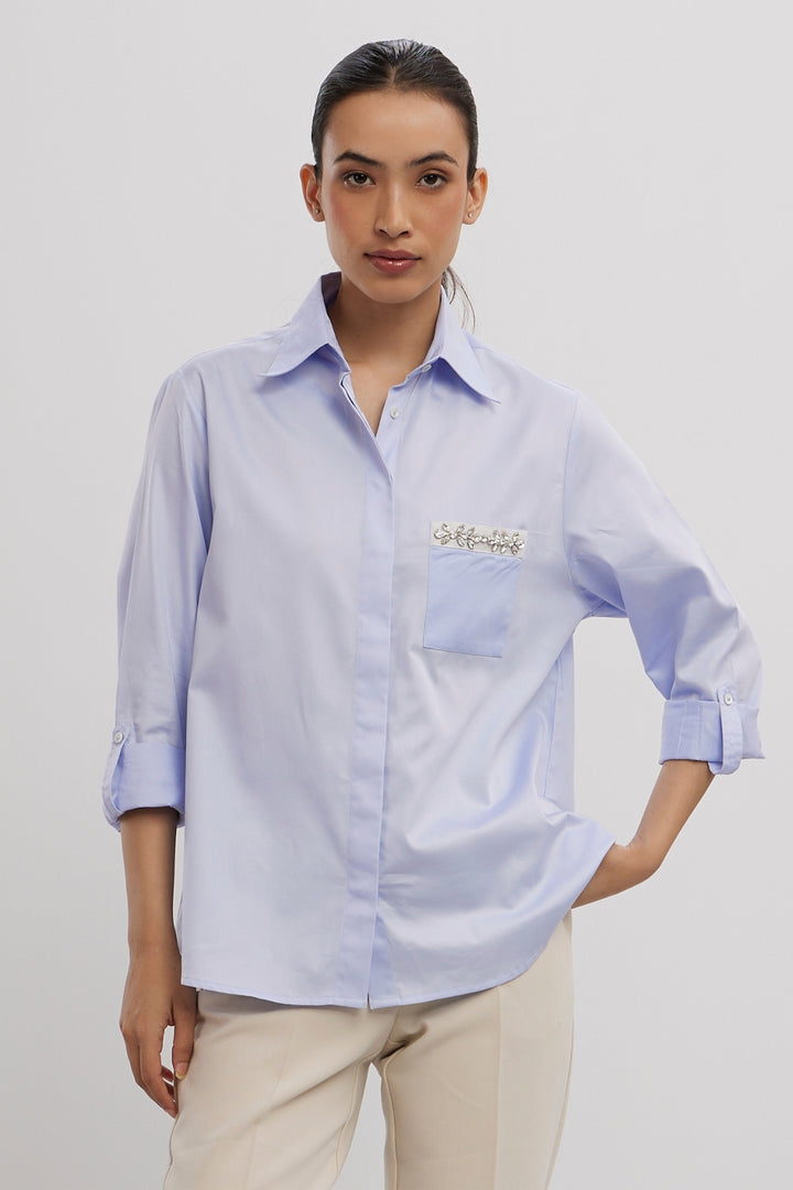 SKY BLUE SWAROVSKI FLOWER STRIP SHIRT - PALLAVI SWADI  